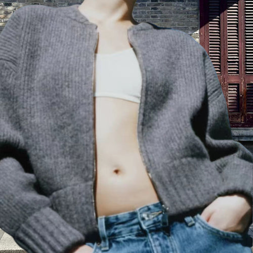 Damen lässiger Strickjacke mit hochgeschlossenem Reißverschluss und voluminösen Ärmeln EB
