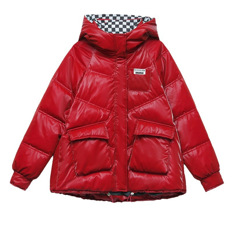 Damen modische kurze Pufferjacke mit Kapuze und praktischen Taschen EB