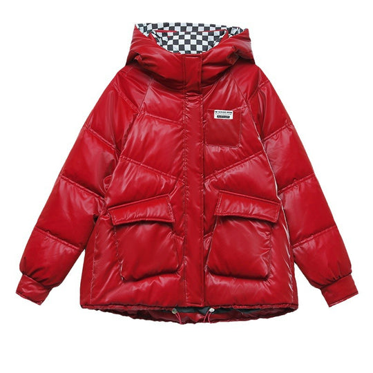 Damen modische kurze Pufferjacke mit Kapuze und praktischen Taschen EB
