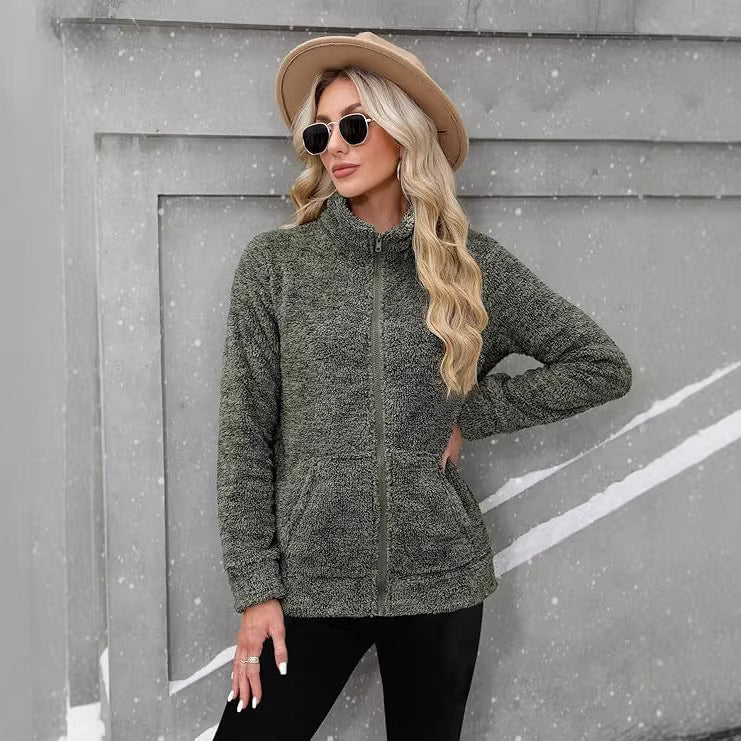 Damen nan kuschelige Teddy-Fleecejacke mit durchgehendem Reißverschluss, Stehkragen und seitlichen Eingrifftaschen EB