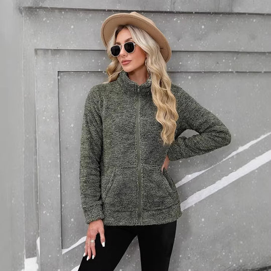 Damen nan kuschelige Teddy-Fleecejacke mit durchgehendem Reißverschluss, Stehkragen und seitlichen Eingrifftaschen EB