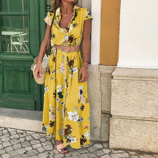 Damen Maxikleid mit Blumenmuster und elegantem Taillengürtel EB