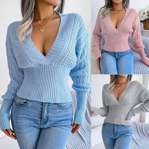 Damen Strickpullover mit tiefem V-Ausschnitt und strukturiertem Zopfmuster EB