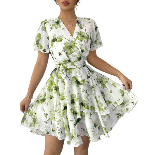 Damen Wickelkleid mit floralem Muster und schwingendem Rock EB