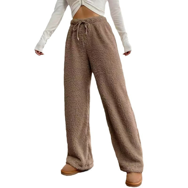 Damen nan hochtaillierte Teddyfleece-Loungehose mit weitem Bein, Kordelzug und seitlichen Eingrifftaschen EB