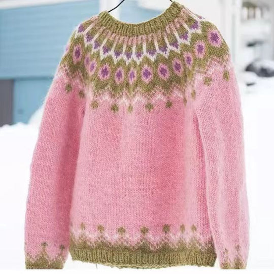 Damen nan melierter Rundhalsausschnittpullover mit kreisförmigem Jacquard-Yoke und geripptem Saum EB