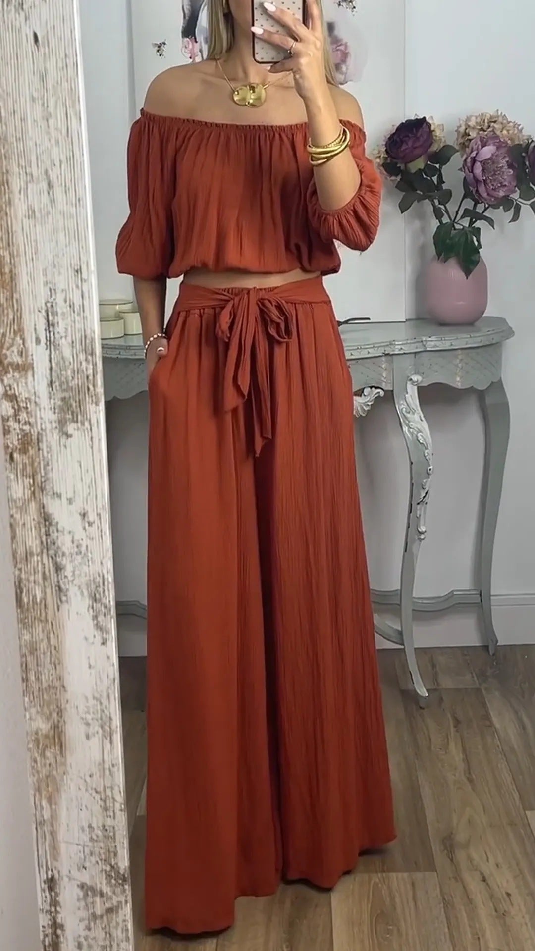 Damen Off-Shoulder Set mit weitem Hosen und taillierbarem Oberteil EB