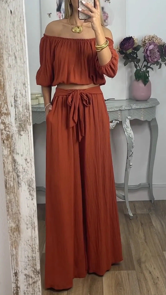 Damen Off-Shoulder Set mit weitem Hosen und taillierbarem Oberteil EB