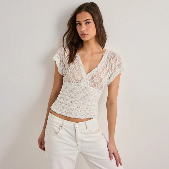 Damen Elegantes Spitzenoberteil mit V-Ausschnitt und weitem Schnitt EB