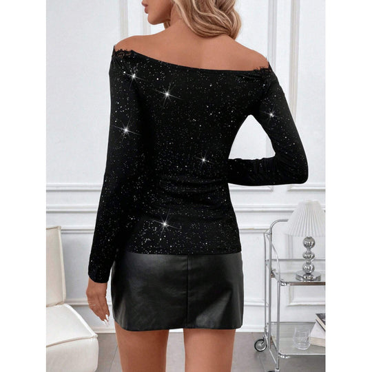Damen Spitzenbody mit funkelnden Akzenten und schulterfreiem Design EB