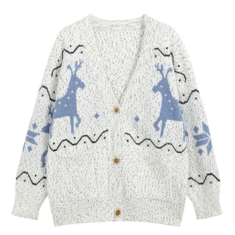 Damen Gemütlicher Cardigan mit Rentier-Motiv und Taschen EB