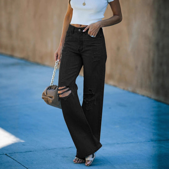 Damen Weit geschnittene Ripped Jeans mit hohem Bund und moderner Waschung EB