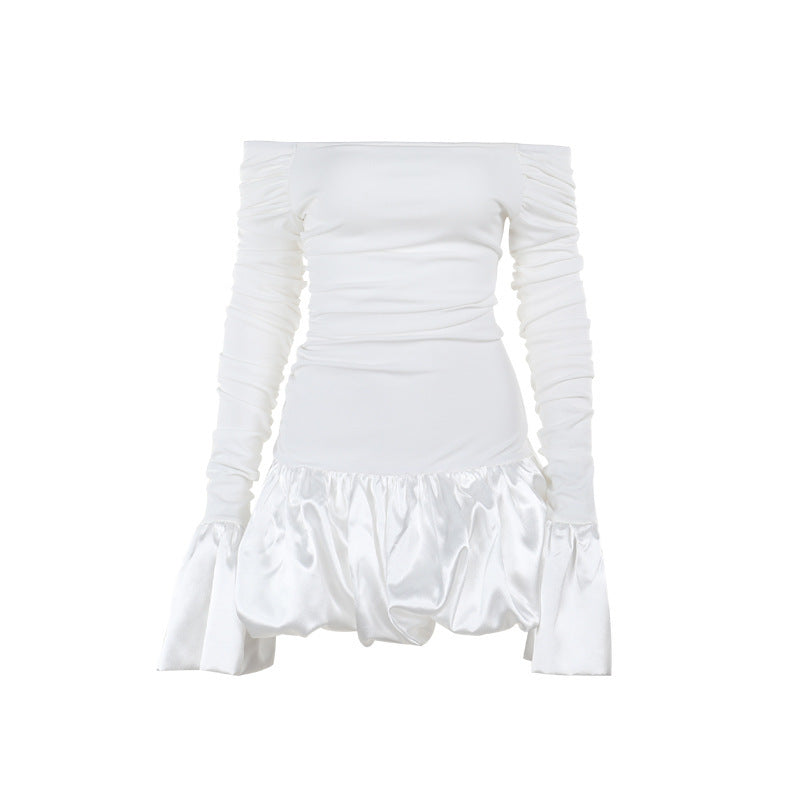 Damen Off-Shoulder Minikleid mit asymmetrischen Rüschendetails und transparenter Ärmeln EB