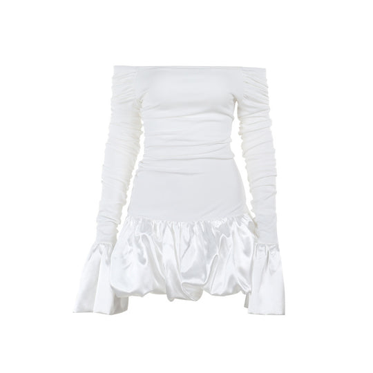 Damen Off-Shoulder Minikleid mit asymmetrischen Rüschendetails und transparenter Ärmeln EB