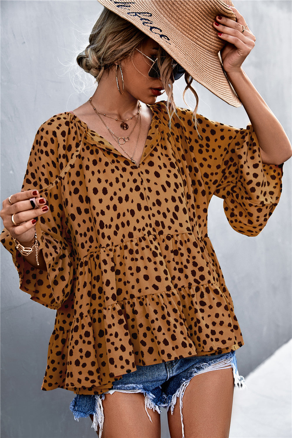 Damen lässige Bluse mit voluminösen Ärmel und modischem Punktmuster EB