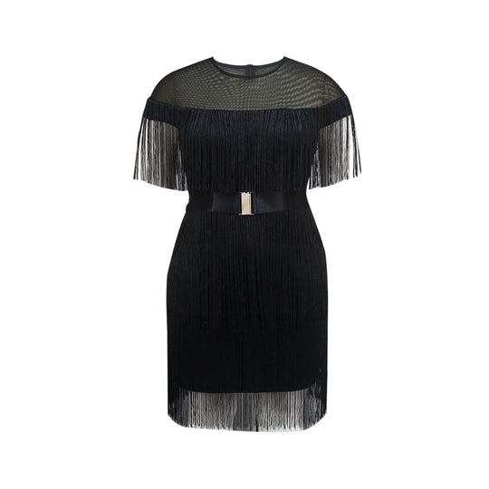 Damen Fransen Kleid mit elegantem Taillengürtel EB