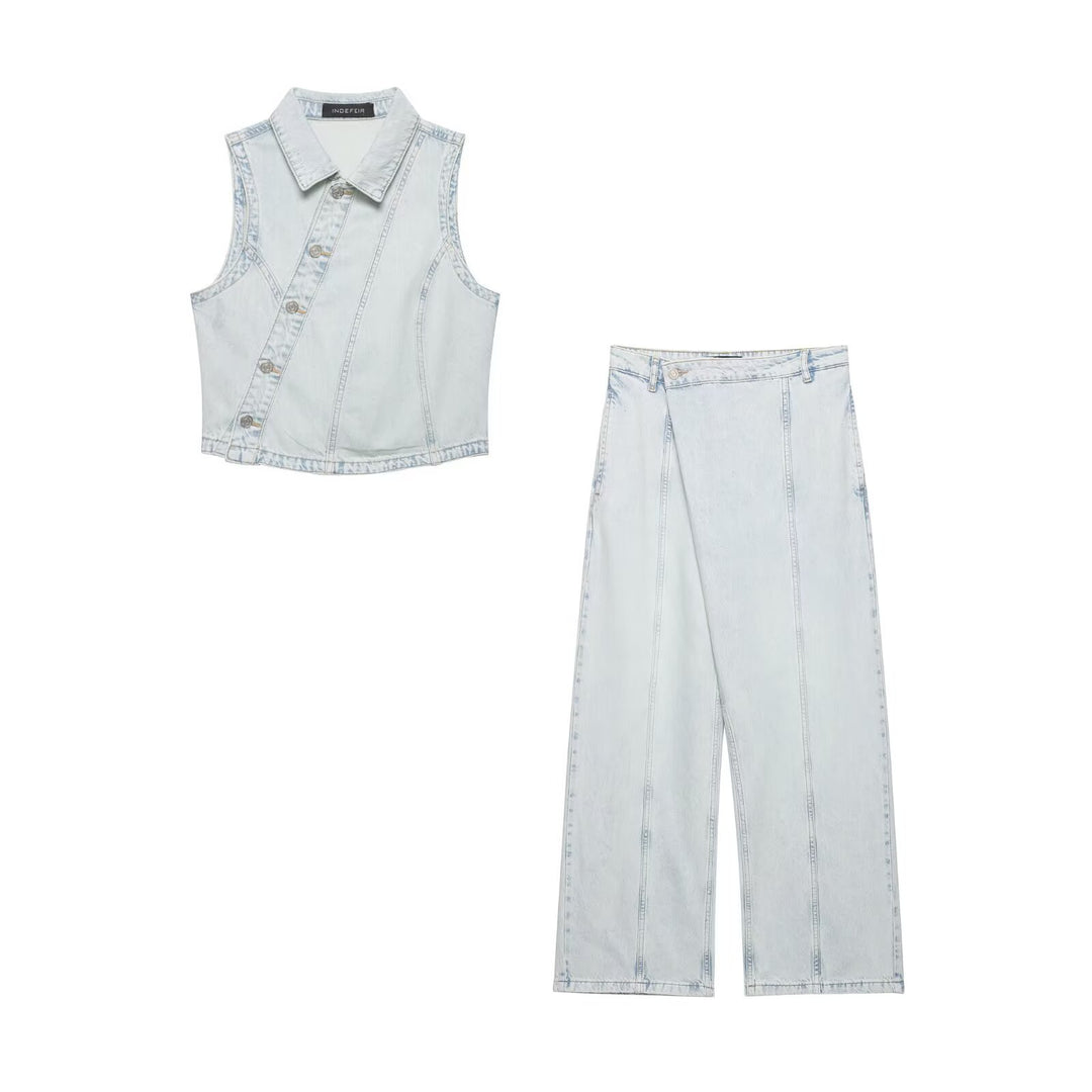 Damen weite Denim-Hose mit hohem Bund und asymmetrischem Schnitt EB