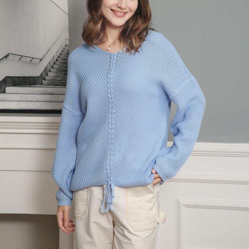 Damen Grobstrick Pullover mit attraktivem V-Ausschnitt und praktischen Kordeldetails EB
