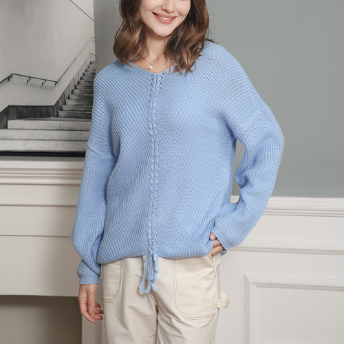 Damen Grobstrick Pullover mit attraktivem V-Ausschnitt und praktischen Kordeldetails EB