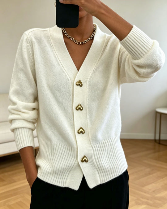 Damen Oversize V-Ausschnitt Strickcardigan mit herzförmigen Schmuckknöpfen EB
