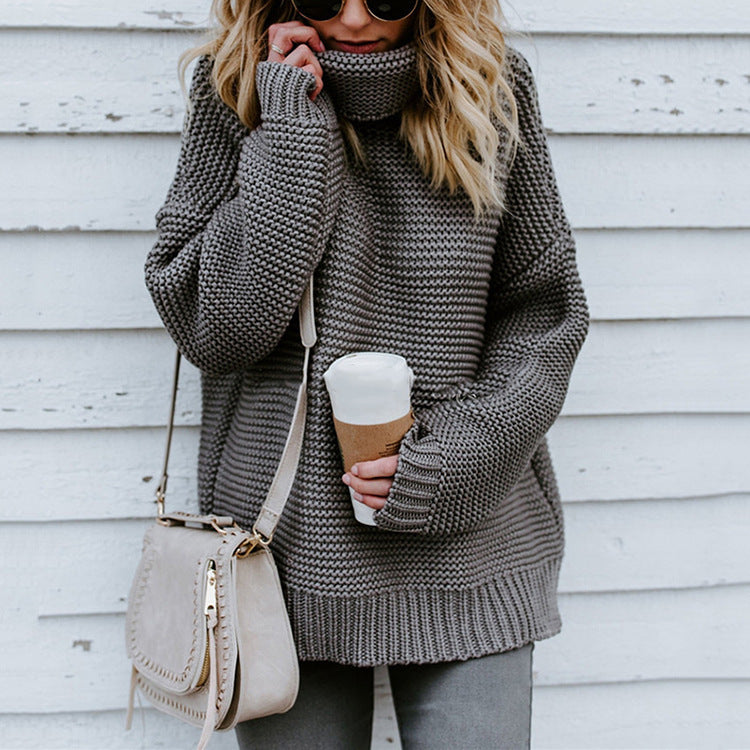 Damen Grobstrickpullover mit hohem Kragen und lässiger Passform EB