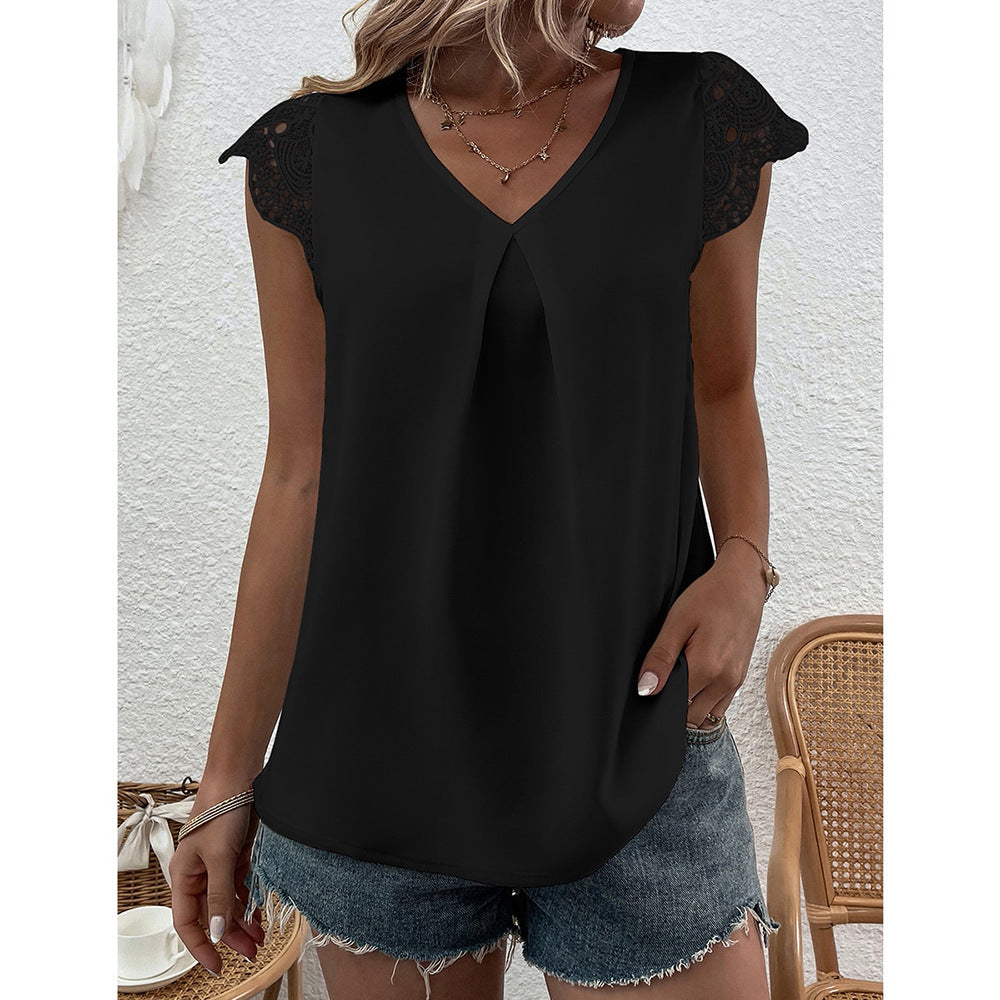 Damen Bluse mit Spitzenärmeln und V-Ausschnitt EB