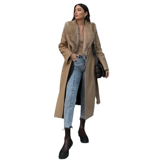Damen Eleganter Mantel mit Luxury-Fellkragen EB