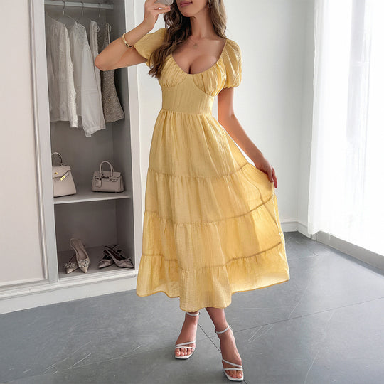 Damen Midi-Kleid mit voluminösen Puffärmeln und lässigem Schnitt EB