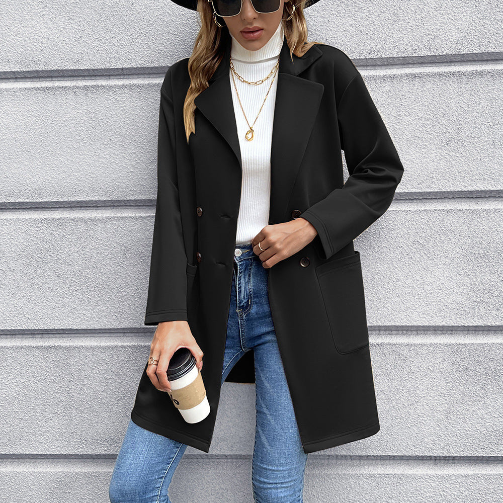 Damen elegante Oversized-Blazerjacke mit doppelter Knopfleiste und praktischen Taschen EB
