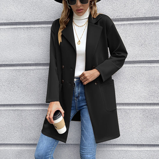 Damen elegante Oversized-Blazerjacke mit doppelter Knopfleiste und praktischen Taschen EB