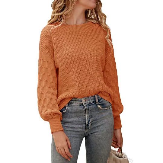 Damen modischer Strickpullover mit strukturierten Ärmeln und Rundhalsausschnitt EB