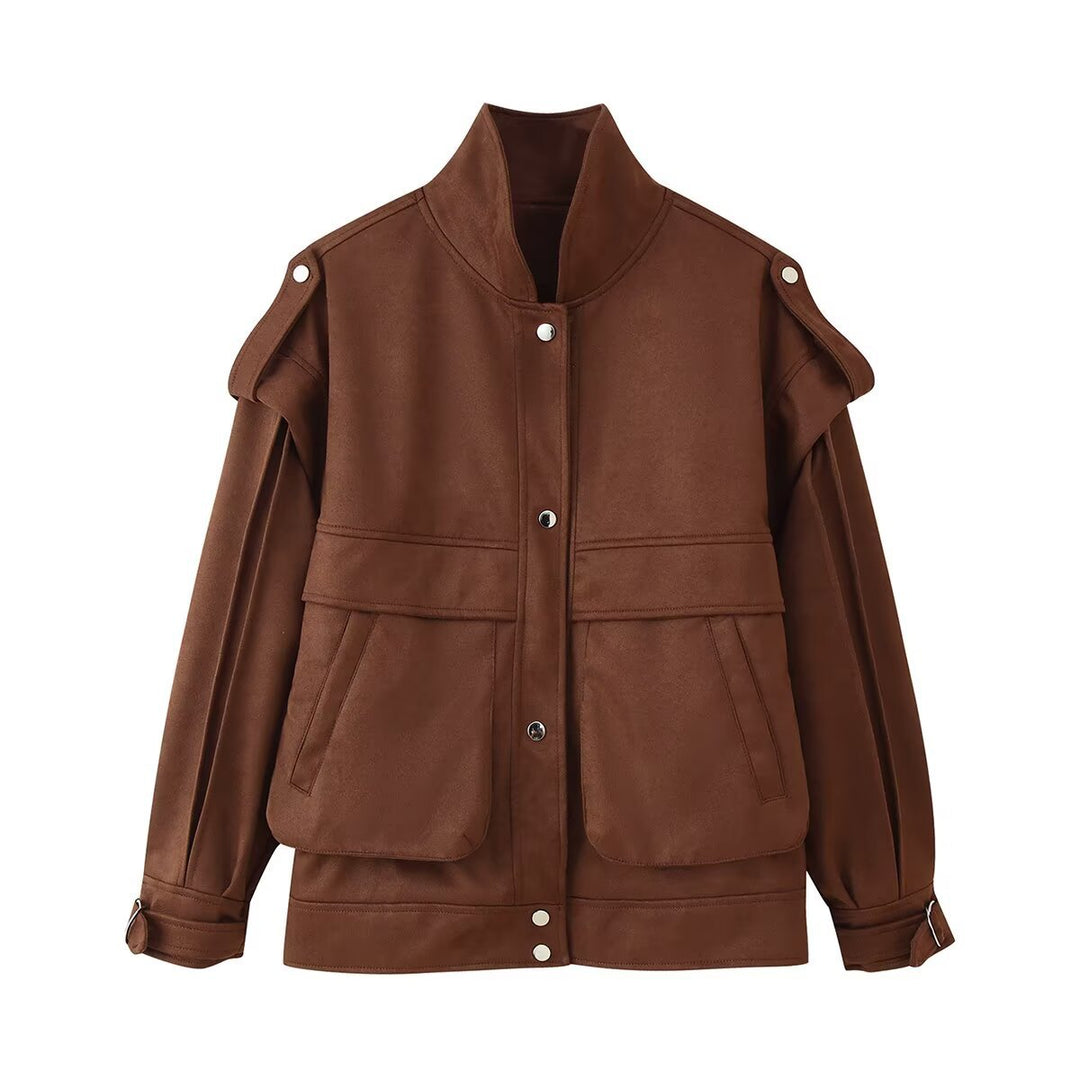 Damen Modische Utility-Jacke mit hohen Kragen und praktischen Taschen EB
