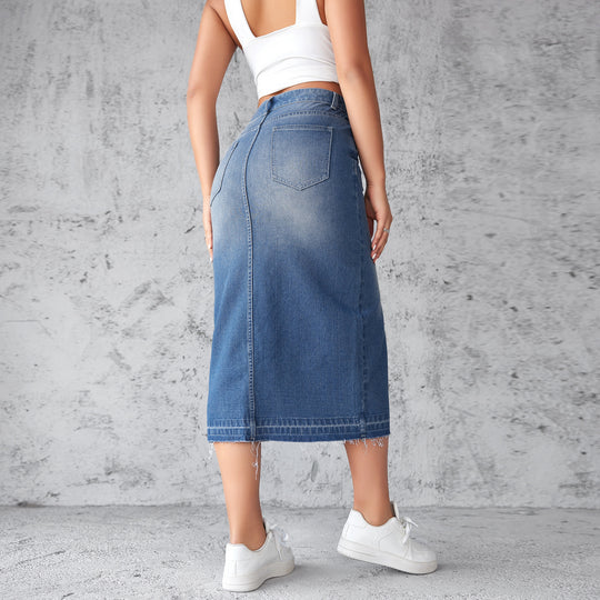 Damen Jeansrock mit hoch geschnittenem Schlitz und fransigem Saum EB