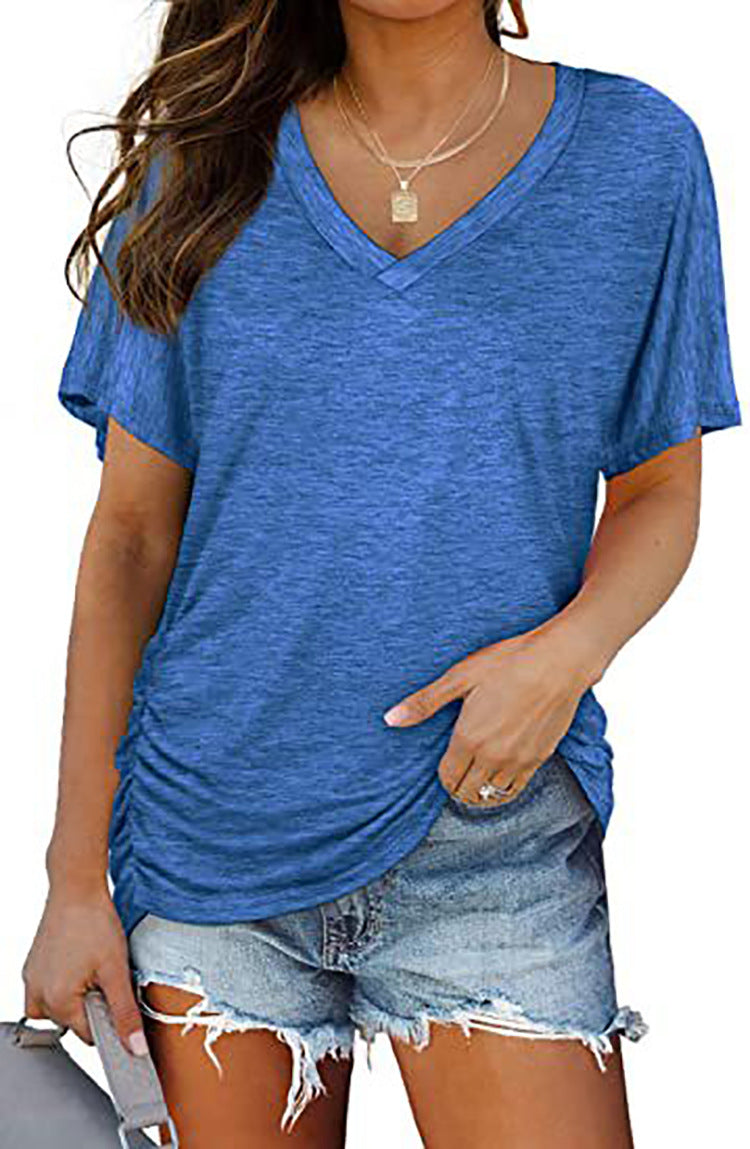 Damen V-Ausschnitt T-Shirt mit dekorativem Raffungseffekt EB