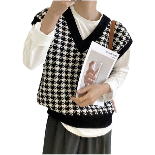 Damen modische Strickweste mit graphischem Hahnentrittmuster EB
