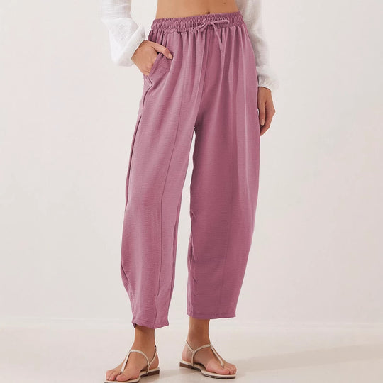 Damen Bequeme, weit geschnittene Sommerhose mit elastischem Bund und seitlichen Taschen EB
