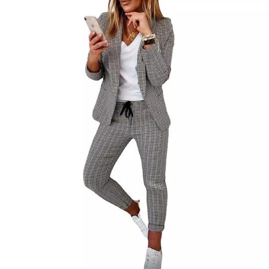 Damen nan zweiteiliges Karomuster Business-Casual Blazer-Set mit elastischer Bundhose EB
