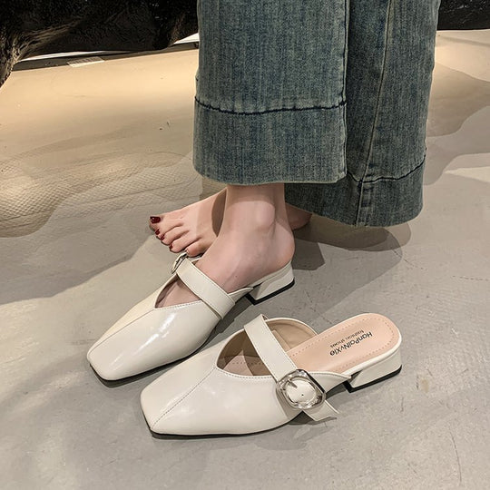 Damen elegante Mules mit quadratischer Zehenpartie und modischen Schnallenakzenten EB