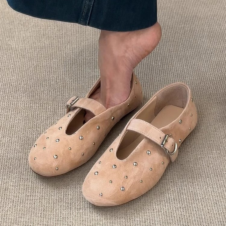 Damen elegante Ballerinas mit dekorativen Schmucksteinen und modischem Riemchen EB