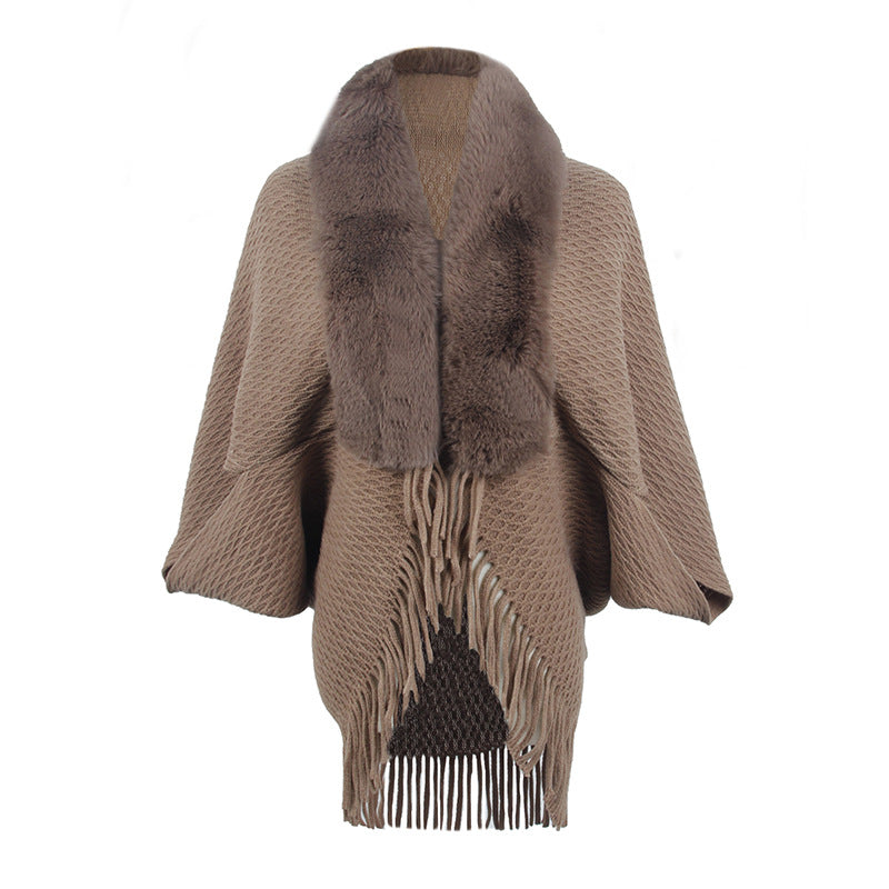 Damen modischer Poncho mit luxuriösem Kunstfellkragen EB