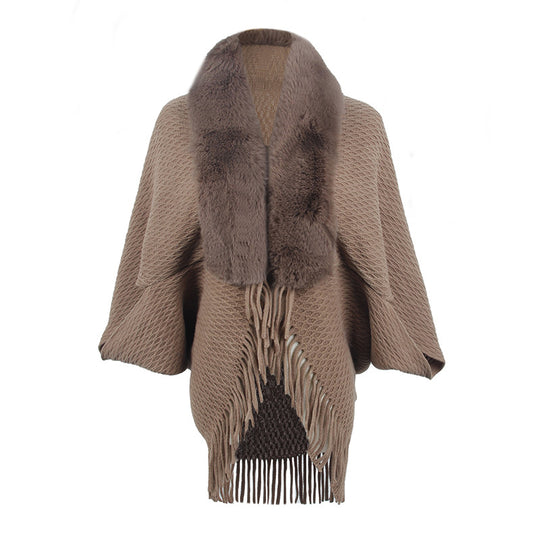 Damen modischer Poncho mit luxuriösem Kunstfellkragen EB