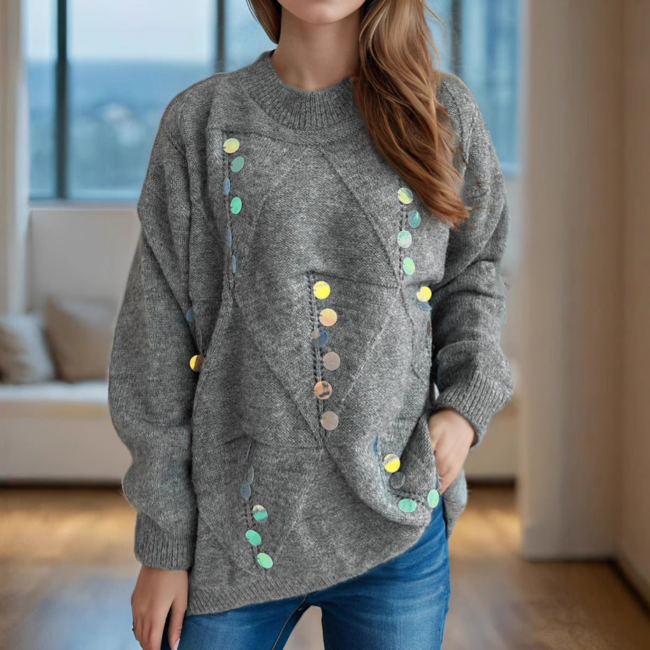 Damen lässiger Pullover mit dekorativen Pailletten und strukturiertem Maschenmuster EB