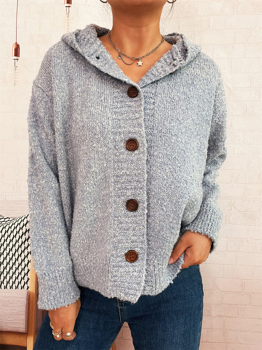 Damen kuschelige Strickjacke mit Kapuze und Knopfdetails EB