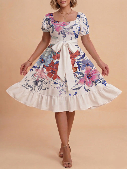 Damen Sommerliches Blumenkleid mit taillierbarem Gürtel und voluminösen Ärmeln EB