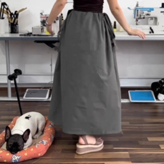 Damen Fließender Midirock mit hohem Smokbund, Bindeschleifen und Eingrifftaschen EB