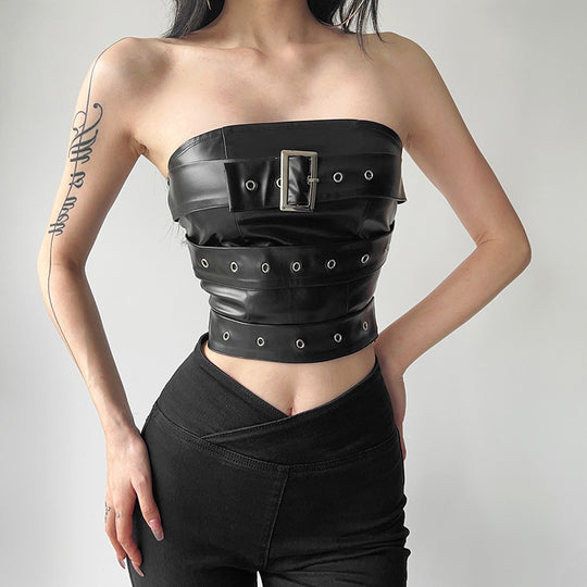 Damen Couture Oberteil aus Leder mit dekorativen Schnallen und Ösen EB
