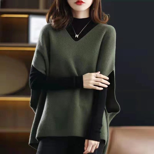 Damen Strickponcho mit V-Ausschnitt und eleganter Silhouette EB