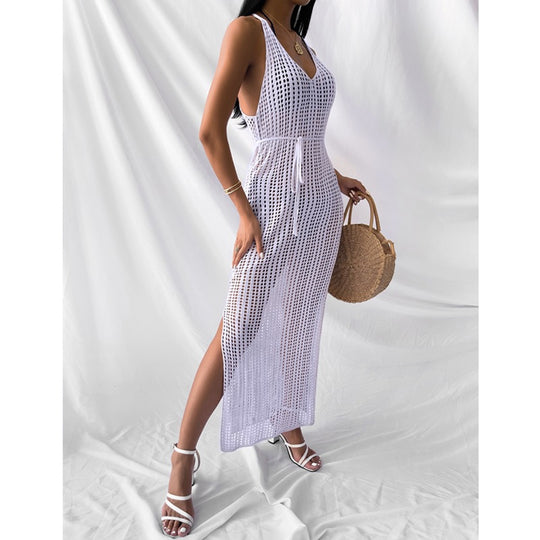 Damen gehäkeltes Maxikleid mit tiefem V-Ausschnitt und seitlichem Schlitz EB
