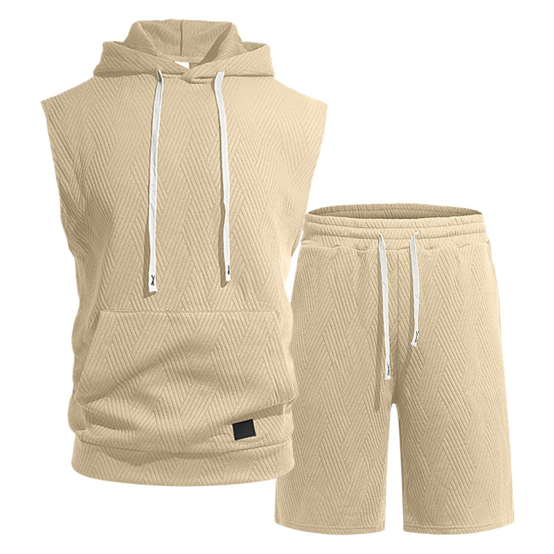 Herren nan ärmelloses Kapuzen-Lounge-Set aus strukturierter Baumwollmischung mit Kängurutasche und elastischer Freizeithose EB