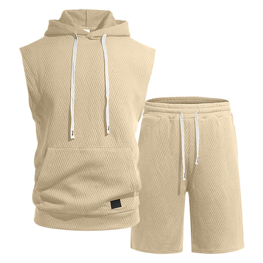 Herren nan ärmelloses Kapuzen-Lounge-Set aus strukturierter Baumwollmischung mit Kängurutasche und elastischer Freizeithose EB